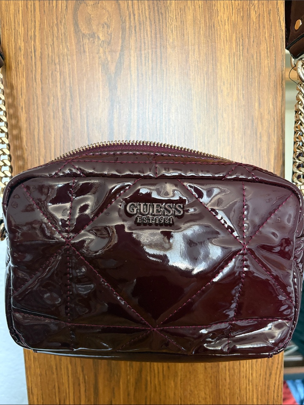 GUESS Quilted Patent Crossbody Bag in Burgundy